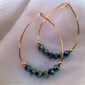 14K Gold Filled Wire Earrings with Blue Green Iridescent Crystals.
